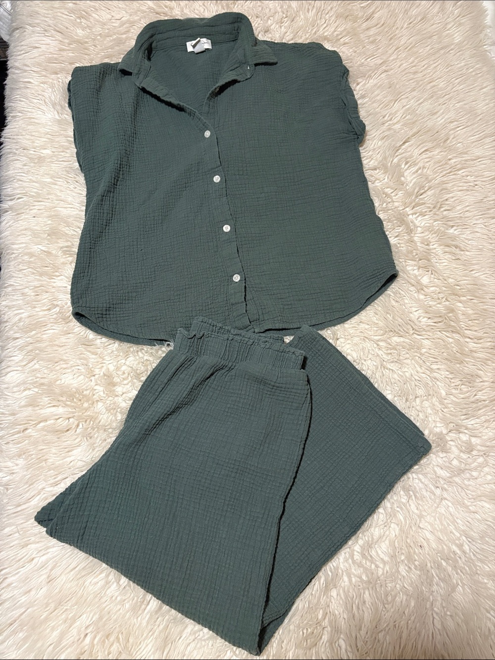Two-Piece Button Shirt & Elastic Waist Cotton Pants Set — Deep Green